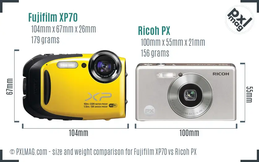 Fujifilm XP70 vs Ricoh PX size comparison