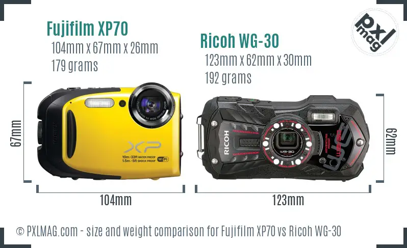 Fujifilm XP70 vs Ricoh WG-30 size comparison