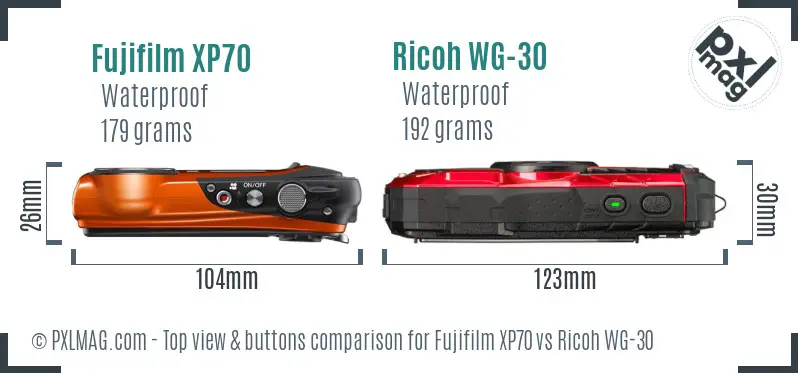 Fujifilm XP70 vs Ricoh WG-30 top view buttons comparison