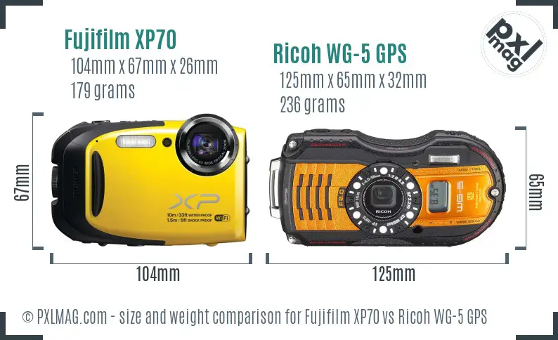 Fujifilm XP70 vs Ricoh WG-5 GPS size comparison