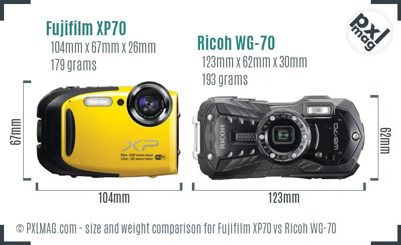 Fujifilm XP70 vs Ricoh WG-70 size comparison