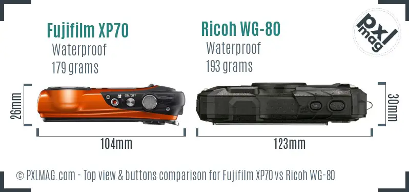 Fujifilm XP70 vs Ricoh WG-80 top view buttons comparison Fujifilm XP70 vs Ricoh WG-80 top view buttons comparison