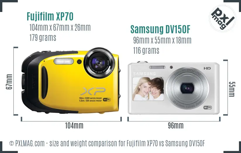 Fujifilm XP70 vs Samsung DV150F size comparison