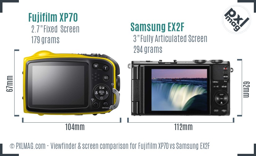 Fujifilm XP70 vs Samsung EX2F Screen and Viewfinder comparison