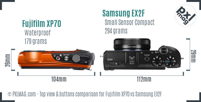 Fujifilm XP70 vs Samsung EX2F top view buttons comparison