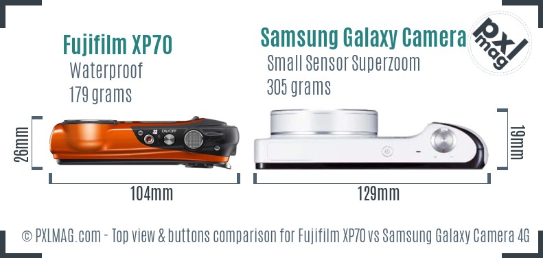 Fujifilm XP70 vs Samsung Galaxy Camera 4G top view buttons comparison
