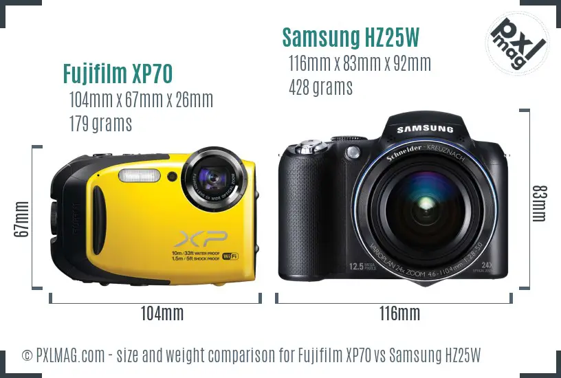 Fujifilm XP70 vs Samsung HZ25W size comparison