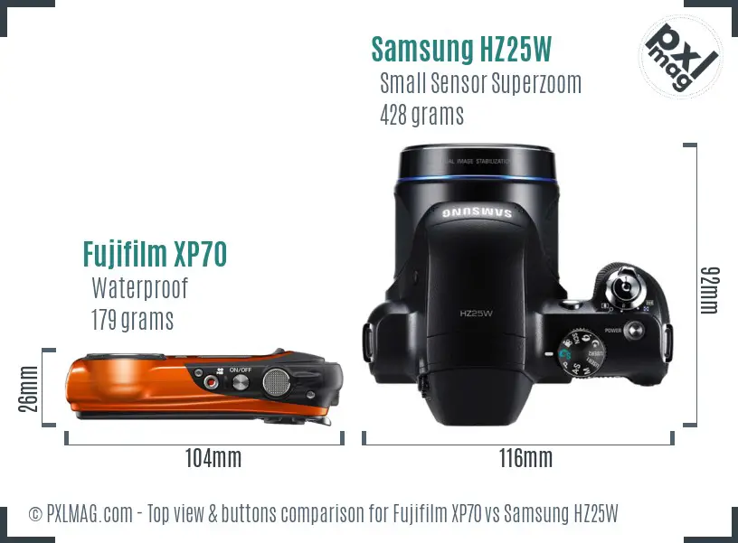 Fujifilm XP70 vs Samsung HZ25W top view buttons comparison