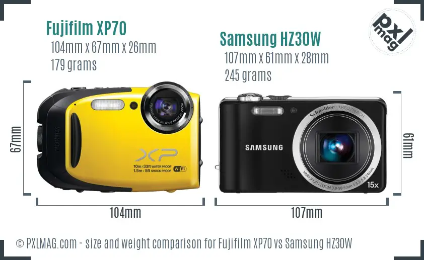 Fujifilm XP70 vs Samsung HZ30W size comparison
