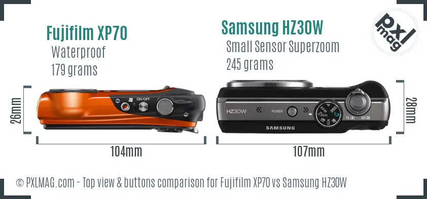 Fujifilm XP70 vs Samsung HZ30W top view buttons comparison