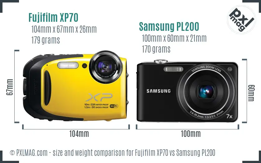 Fujifilm XP70 vs Samsung PL200 size comparison