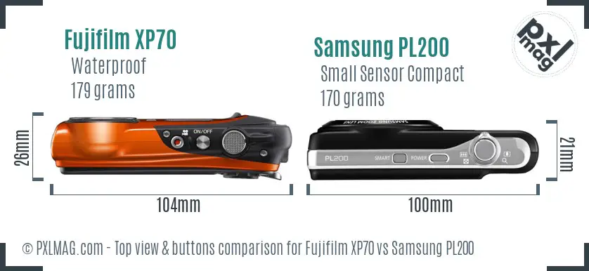 Fujifilm XP70 vs Samsung PL200 top view buttons comparison