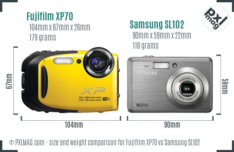 Fujifilm XP70 vs Samsung SL102 size comparison