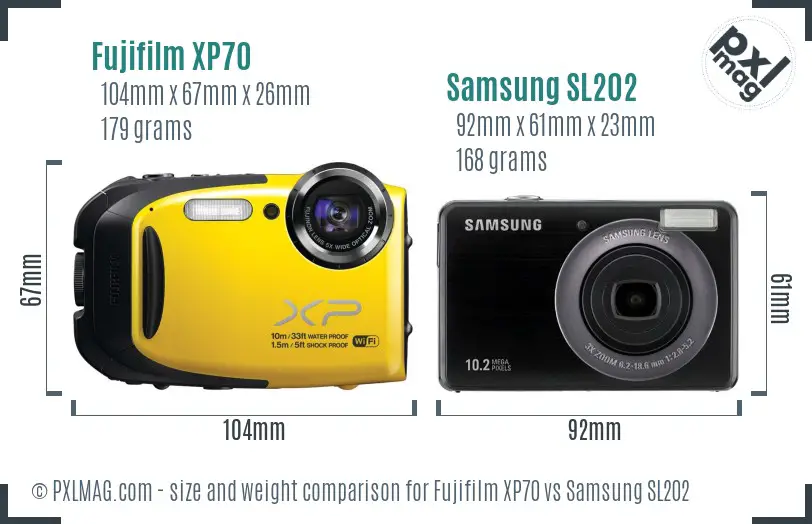 Fujifilm XP70 vs Samsung SL202 size comparison