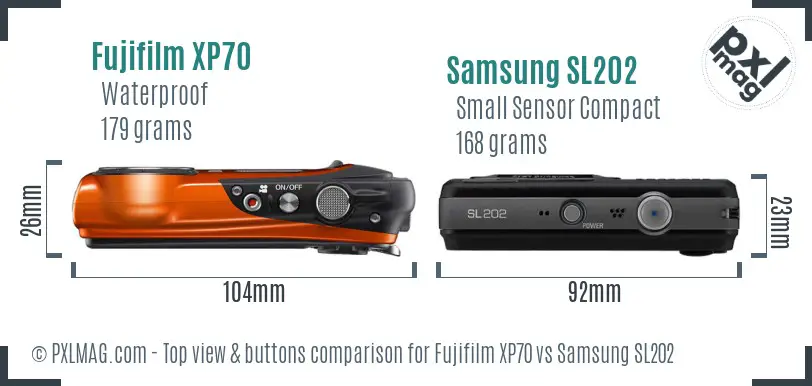 Fujifilm XP70 vs Samsung SL202 top view buttons comparison