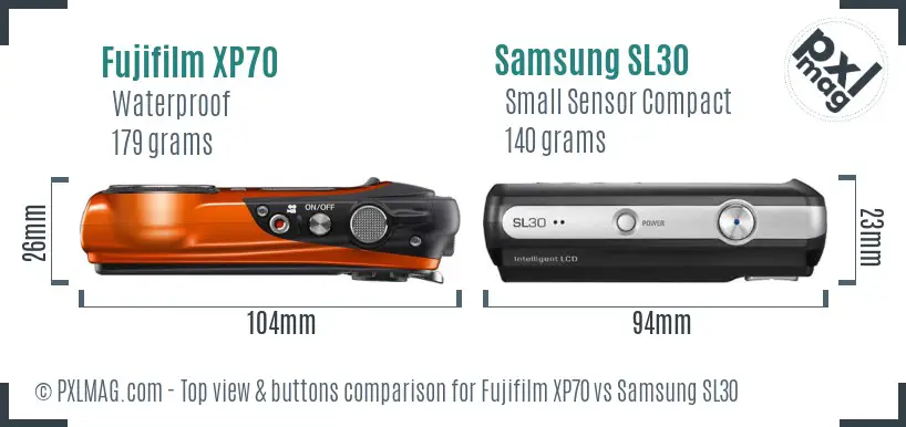Fujifilm XP70 vs Samsung SL30 top view buttons comparison Fujifilm XP70 vs Samsung SL30 top view buttons comparison