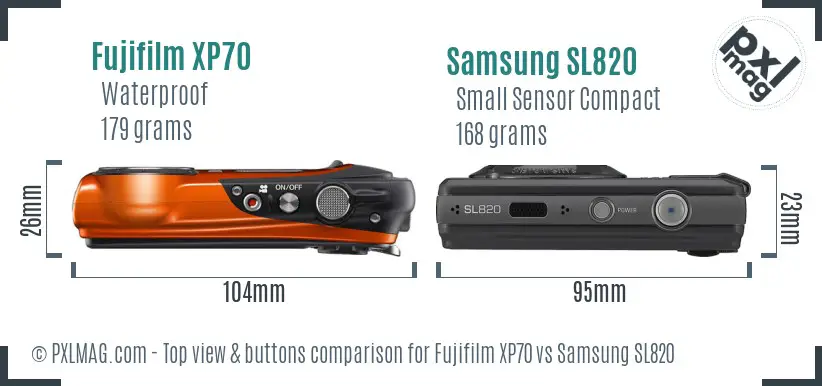 Fujifilm XP70 vs Samsung SL820 top view buttons comparison Fujifilm XP70 vs Samsung SL820 top view buttons comparison