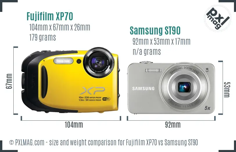 Fujifilm XP70 vs Samsung ST90 size comparison
