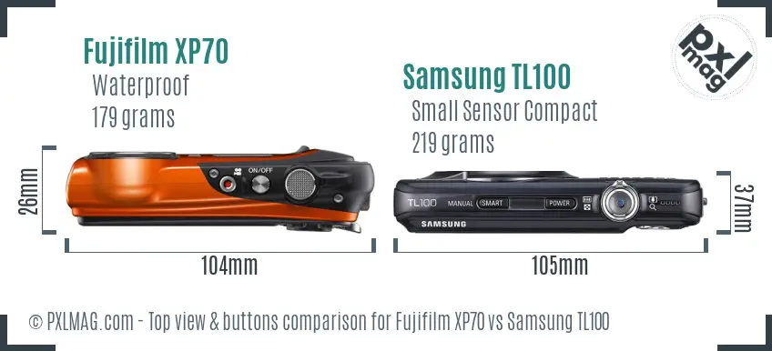 Fujifilm XP70 vs Samsung TL100 top view buttons comparison Fujifilm XP70 vs Samsung TL100 top view buttons comparison