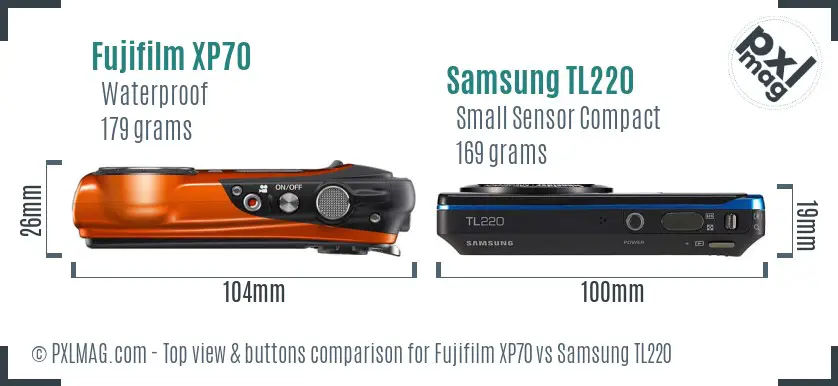 Fujifilm XP70 vs Samsung TL220 top view buttons comparison