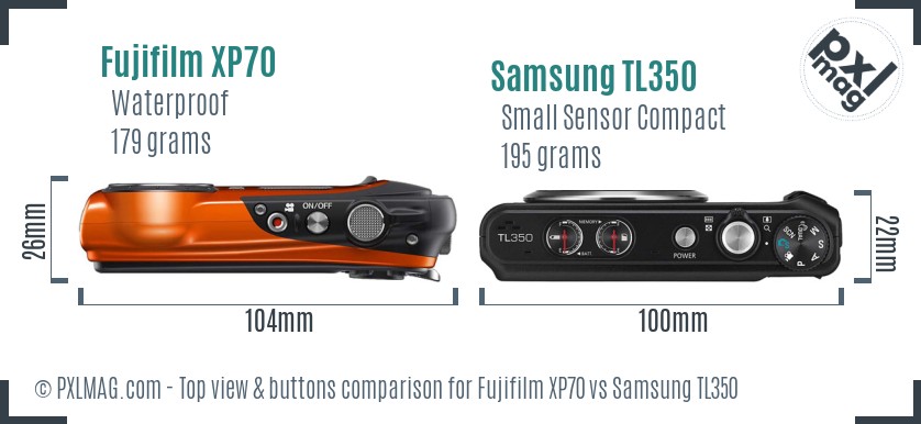 Fujifilm XP70 vs Samsung TL350 top view buttons comparison