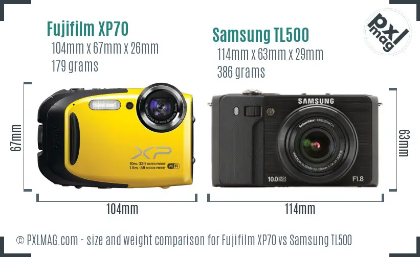 Fujifilm XP70 vs Samsung TL500 size comparison