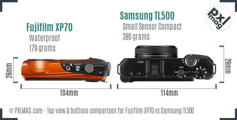 Fujifilm XP70 vs Samsung TL500 top view buttons comparison