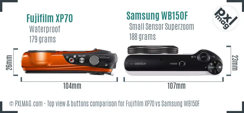 Fujifilm XP70 vs Samsung WB150F top view buttons comparison