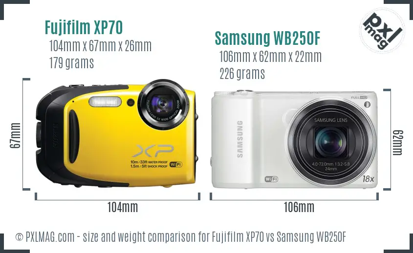 Fujifilm XP70 vs Samsung WB250F size comparison Fujifilm XP70 vs Samsung WB250F size comparison