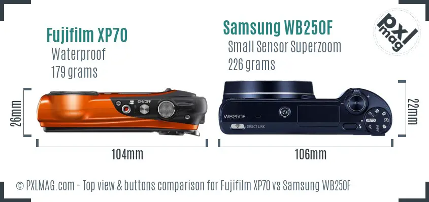 Fujifilm XP70 vs Samsung WB250F top view buttons comparison Fujifilm XP70 vs Samsung WB250F top view buttons comparison