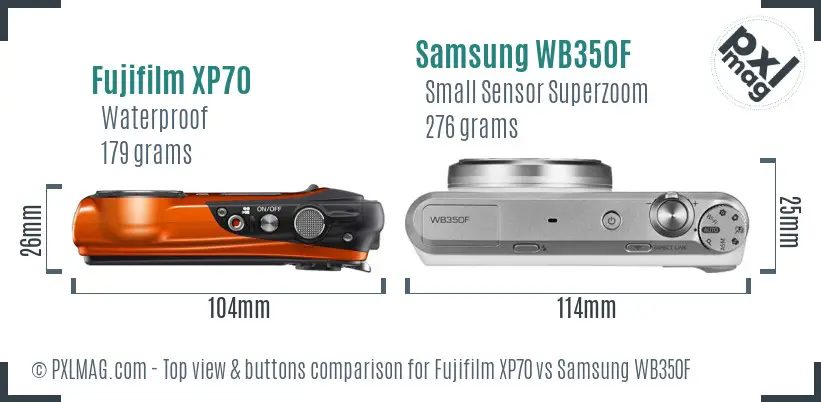 Fujifilm XP70 vs Samsung WB350F top view buttons comparison