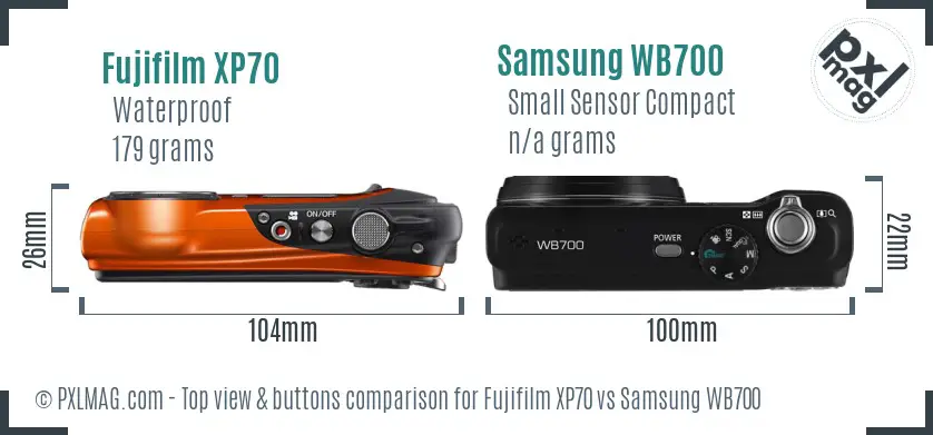 Fujifilm XP70 vs Samsung WB700 top view buttons comparison Fujifilm XP70 vs Samsung WB700 top view buttons comparison