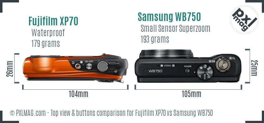 Fujifilm XP70 vs Samsung WB750 top view buttons comparison