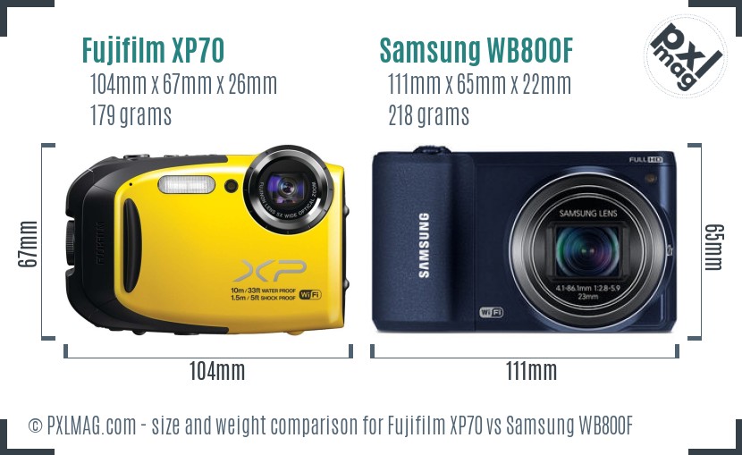 Fujifilm XP70 vs Samsung WB800F size comparison