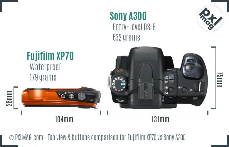 Fujifilm XP70 vs Sony A300 top view buttons comparison