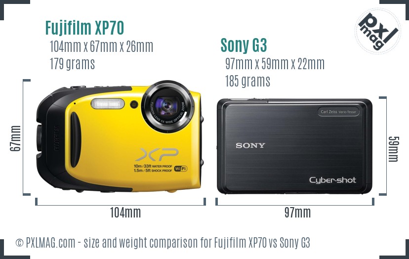 Fujifilm XP70 vs Sony G3 size comparison Fujifilm XP70 vs Sony G3 size comparison