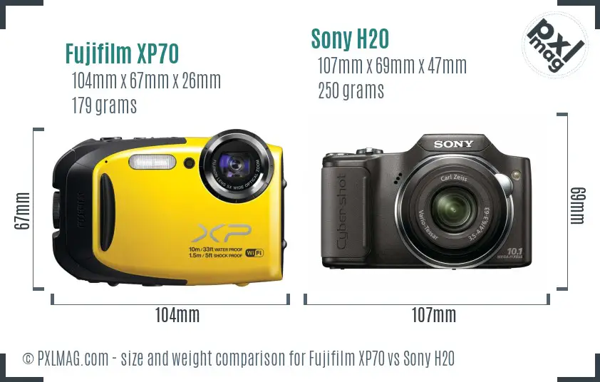 Fujifilm XP70 vs Sony H20 size comparison