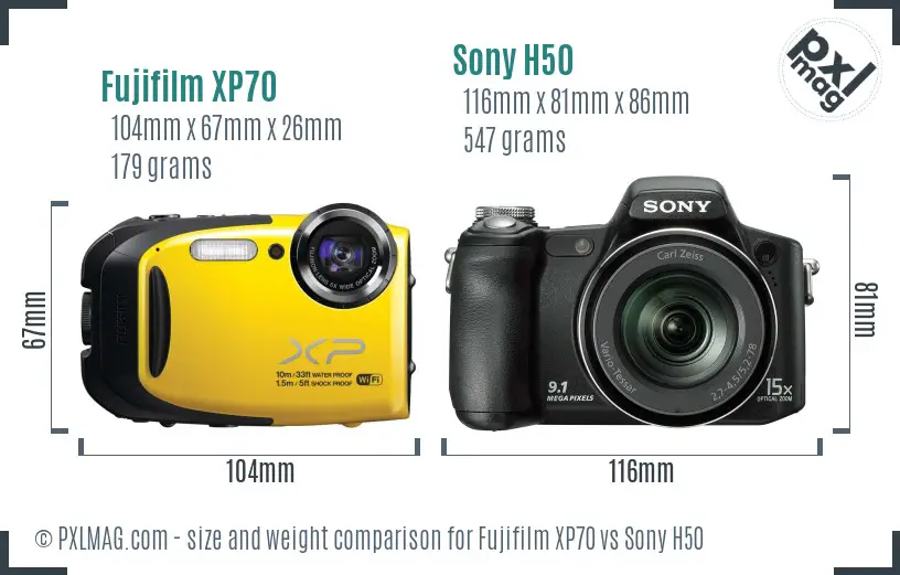 Fujifilm XP70 vs Sony H50 size comparison