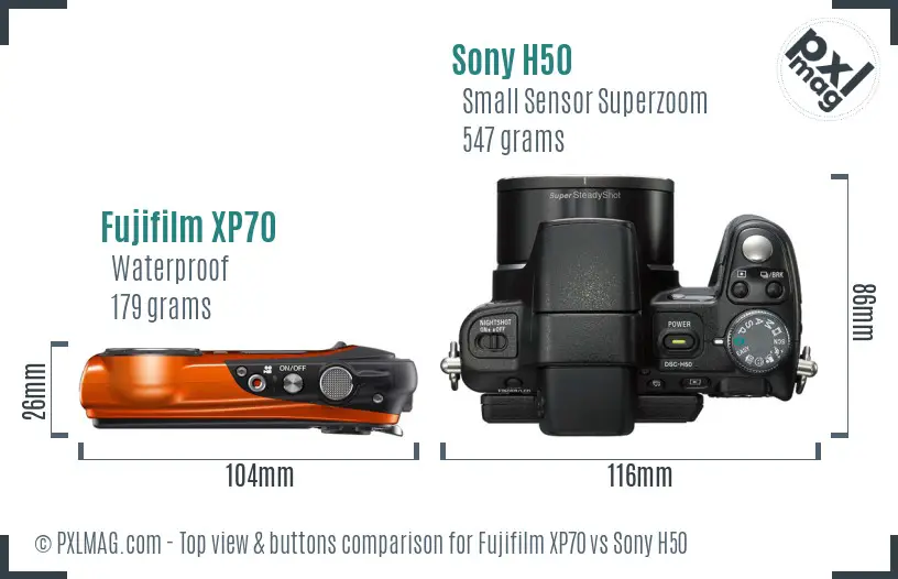 Fujifilm XP70 vs Sony H50 top view buttons comparison