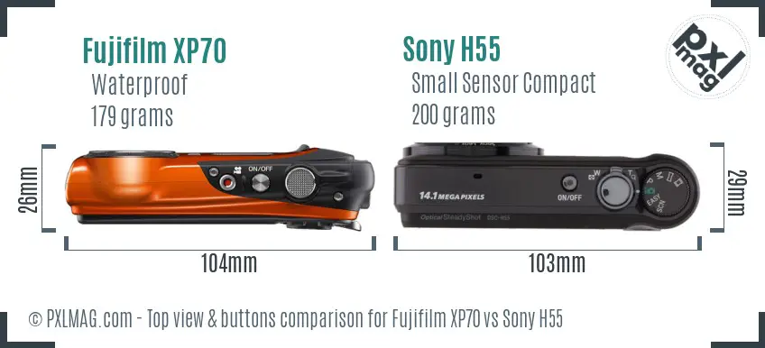 Fujifilm XP70 vs Sony H55 top view buttons comparison