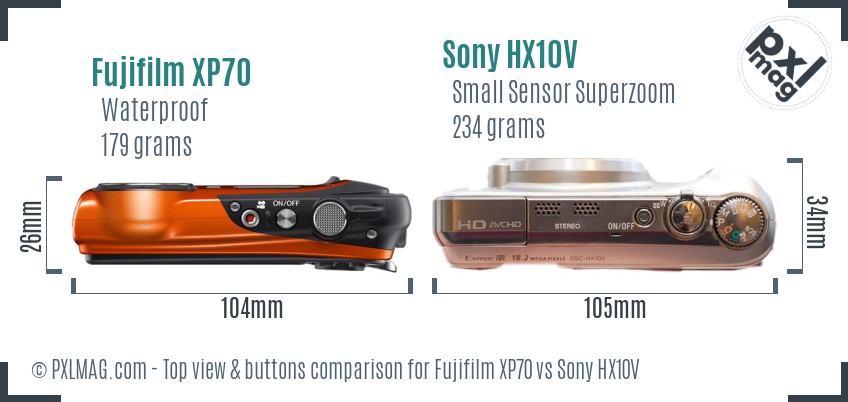 Fujifilm XP70 vs Sony HX10V top view buttons comparison