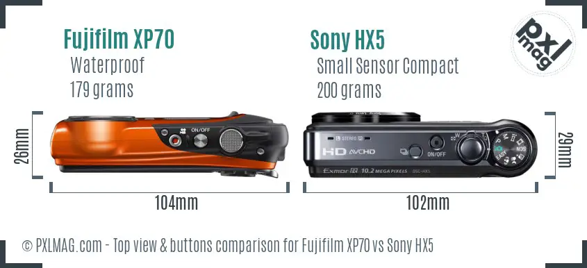 Fujifilm XP70 vs Sony HX5 top view buttons comparison Fujifilm XP70 vs Sony HX5 top view buttons comparison