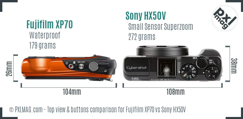 Fujifilm XP70 vs Sony HX50V top view buttons comparison