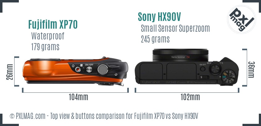 Fujifilm XP70 vs Sony HX90V top view buttons comparison