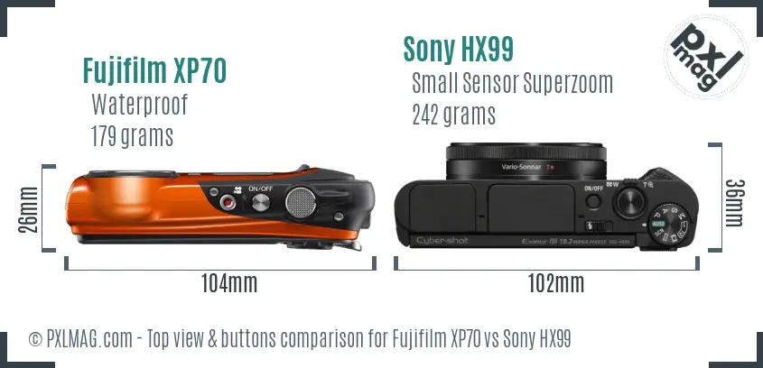 Fujifilm XP70 vs Sony HX99 top view buttons comparison