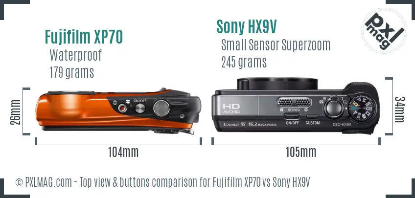 Fujifilm XP70 vs Sony HX9V top view buttons comparison