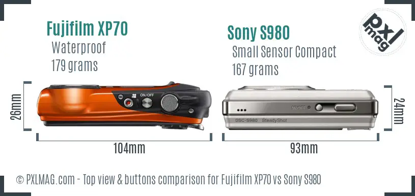 Fujifilm XP70 vs Sony S980 top view buttons comparison Fujifilm XP70 vs Sony S980 top view buttons comparison