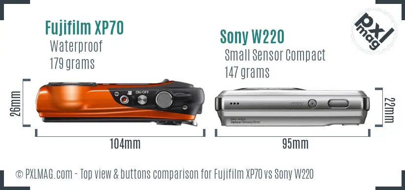 Fujifilm XP70 vs Sony W220 top view buttons comparison