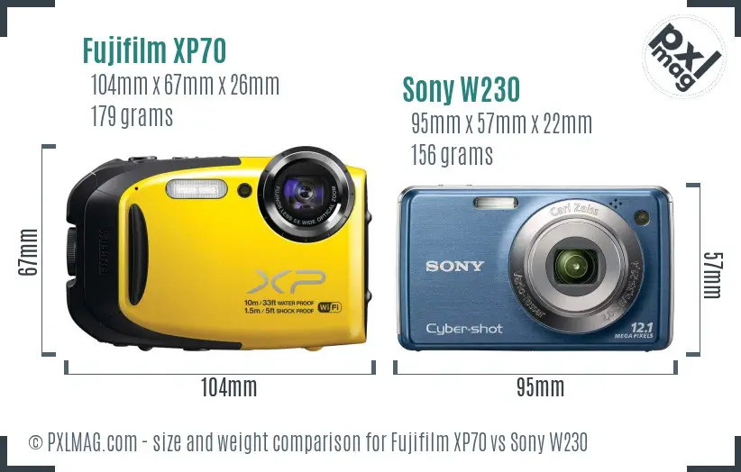 Fujifilm XP70 vs Sony W230 size comparison