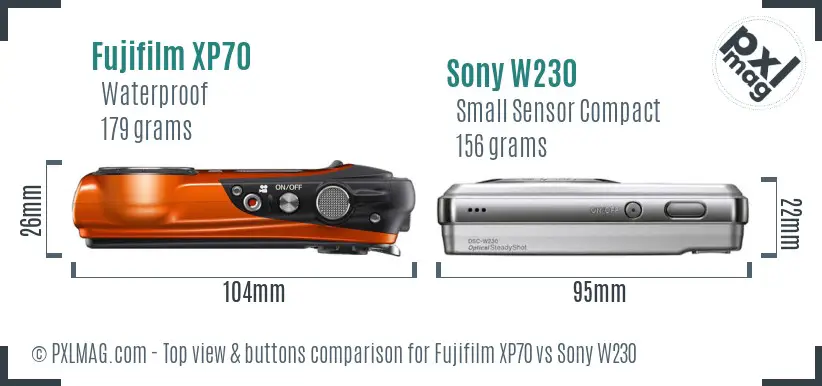 Fujifilm XP70 vs Sony W230 top view buttons comparison